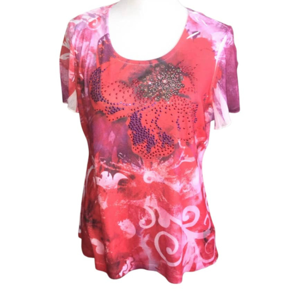 JM COLLECTION RED & PURPLE ABSTRACT DESIGN WITH EMBELLISHMENTS TOP SIZE PXL